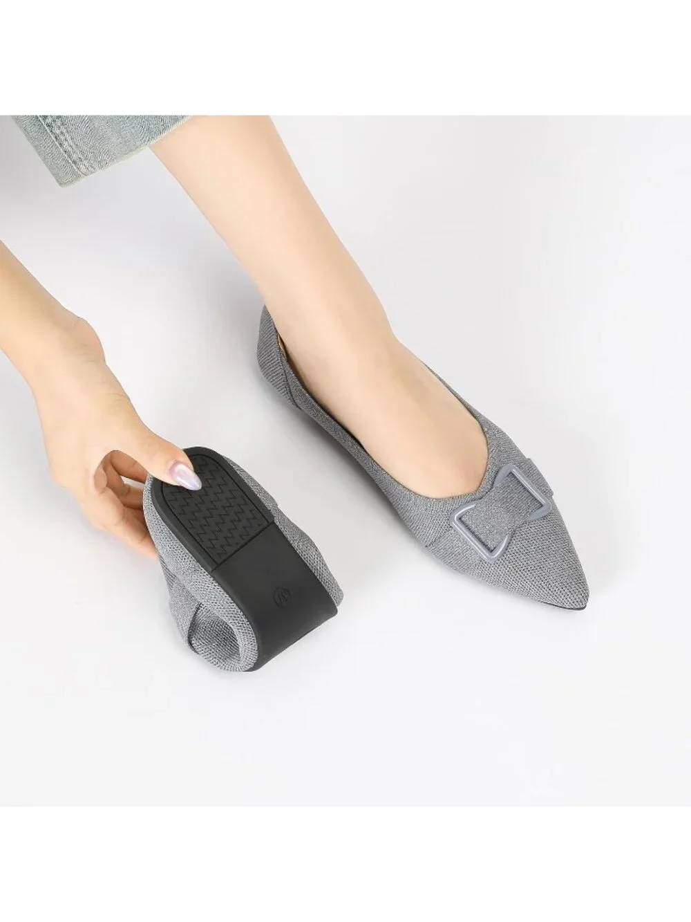 Women's Grey Arch Support Dress Pointed Toe Comfortable Knit Ballet Flat Shoes